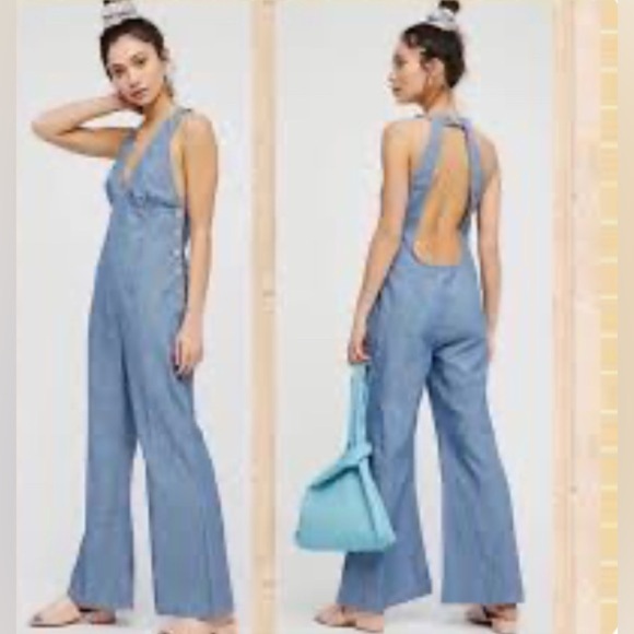 Free People Women's Blue Dance All Night Open Back Jumpsuit size 12 - Picture 3 of 16